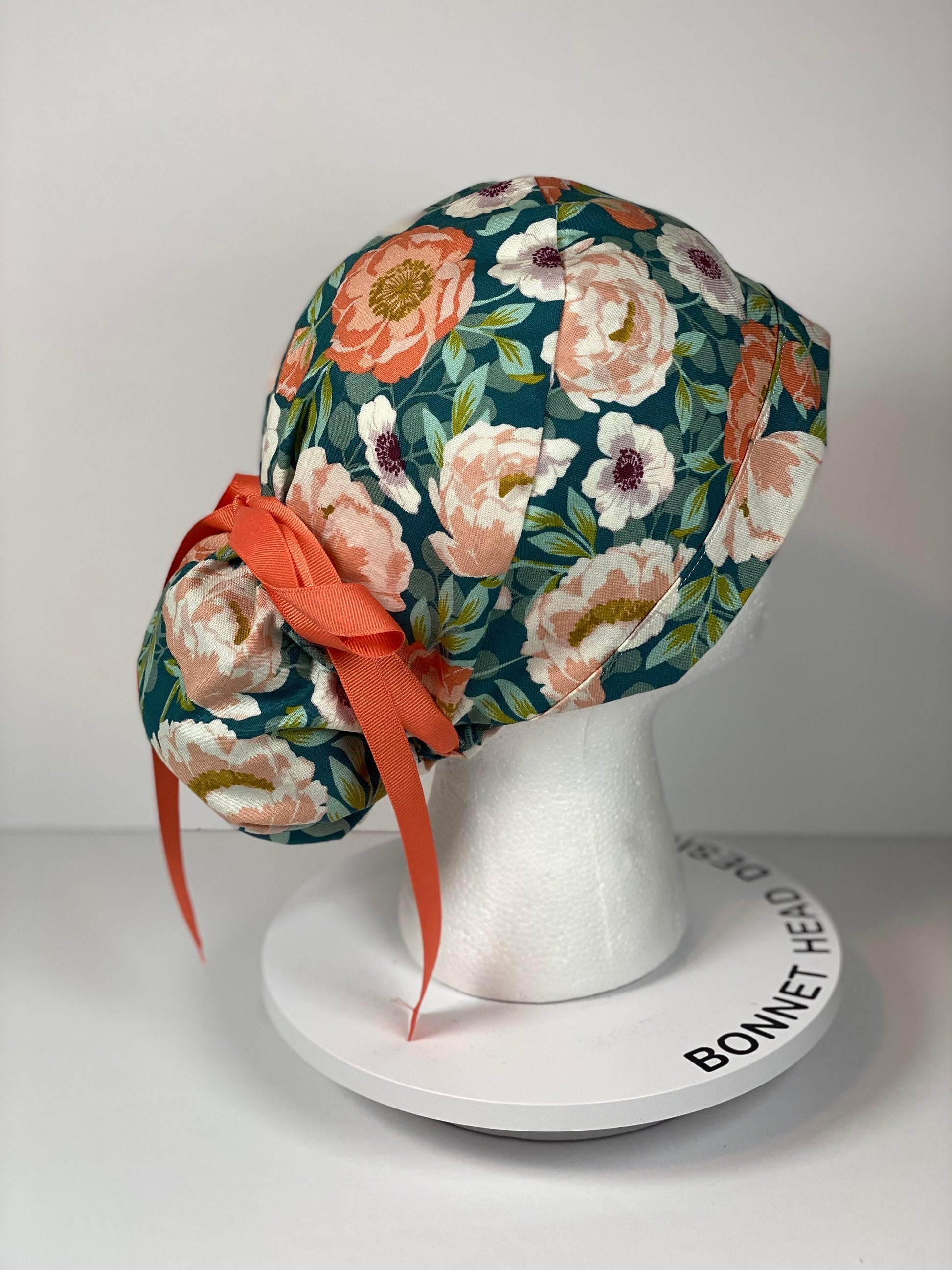 Peach and mint floral ponytail scrub cap, women’s summer floral ponytail scrub hat, Bonnet Head Designs