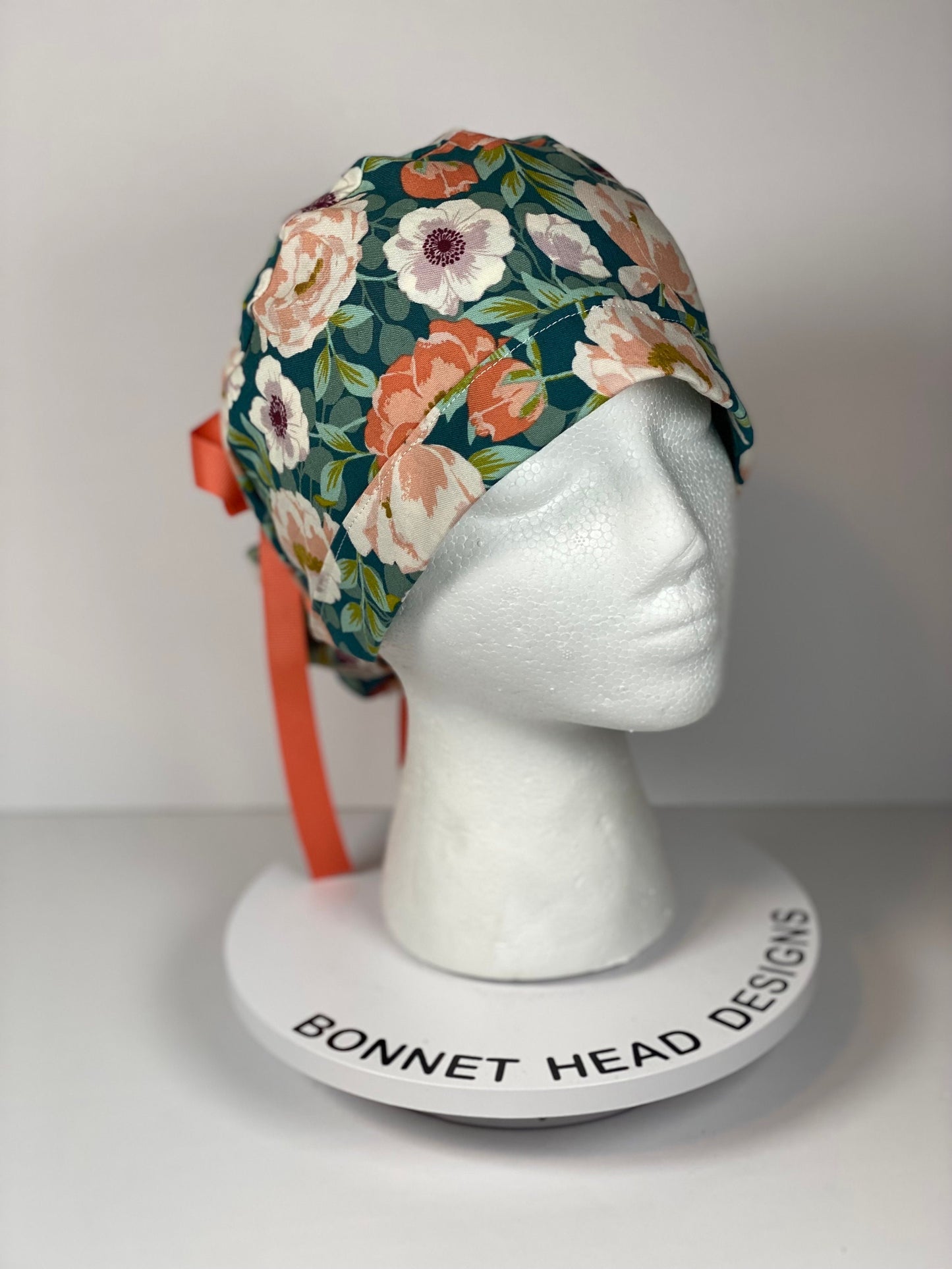 Peach and mint floral ponytail scrub cap, women’s summer floral ponytail scrub hat, Bonnet Head Designs