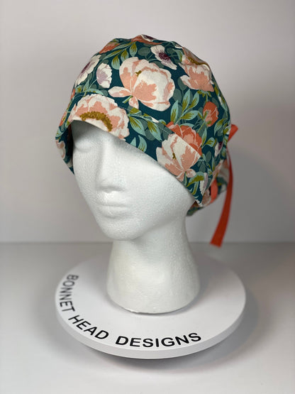 Peach and mint floral ponytail scrub cap, women’s summer floral ponytail scrub hat, Bonnet Head Designs