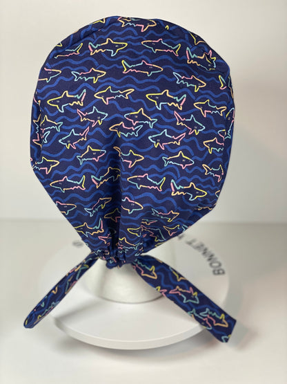 Navy shark print tie back scrub hat, pixie style scrub cap with sharks