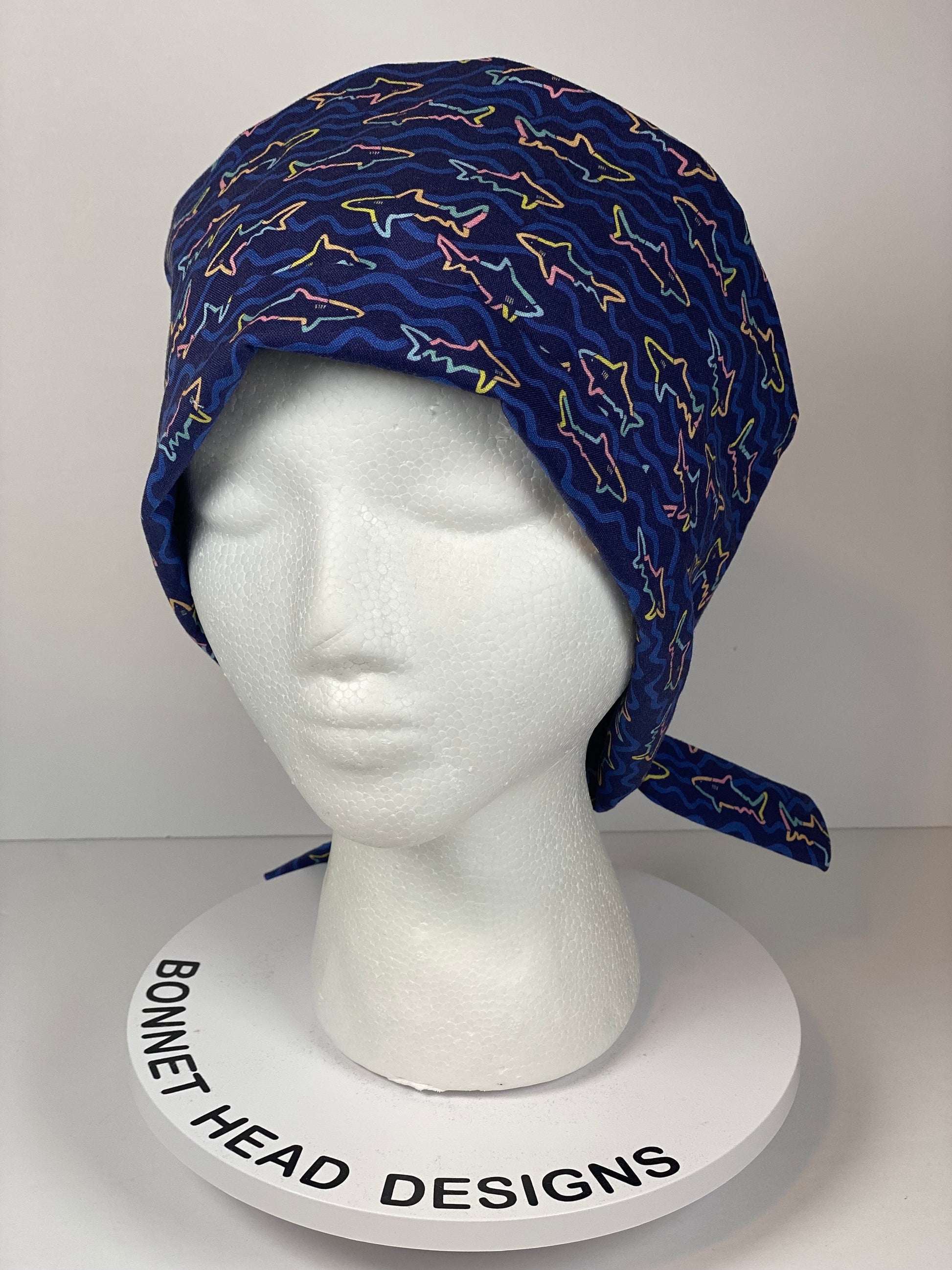 Navy shark print tie back scrub hat, pixie style scrub cap with sharks