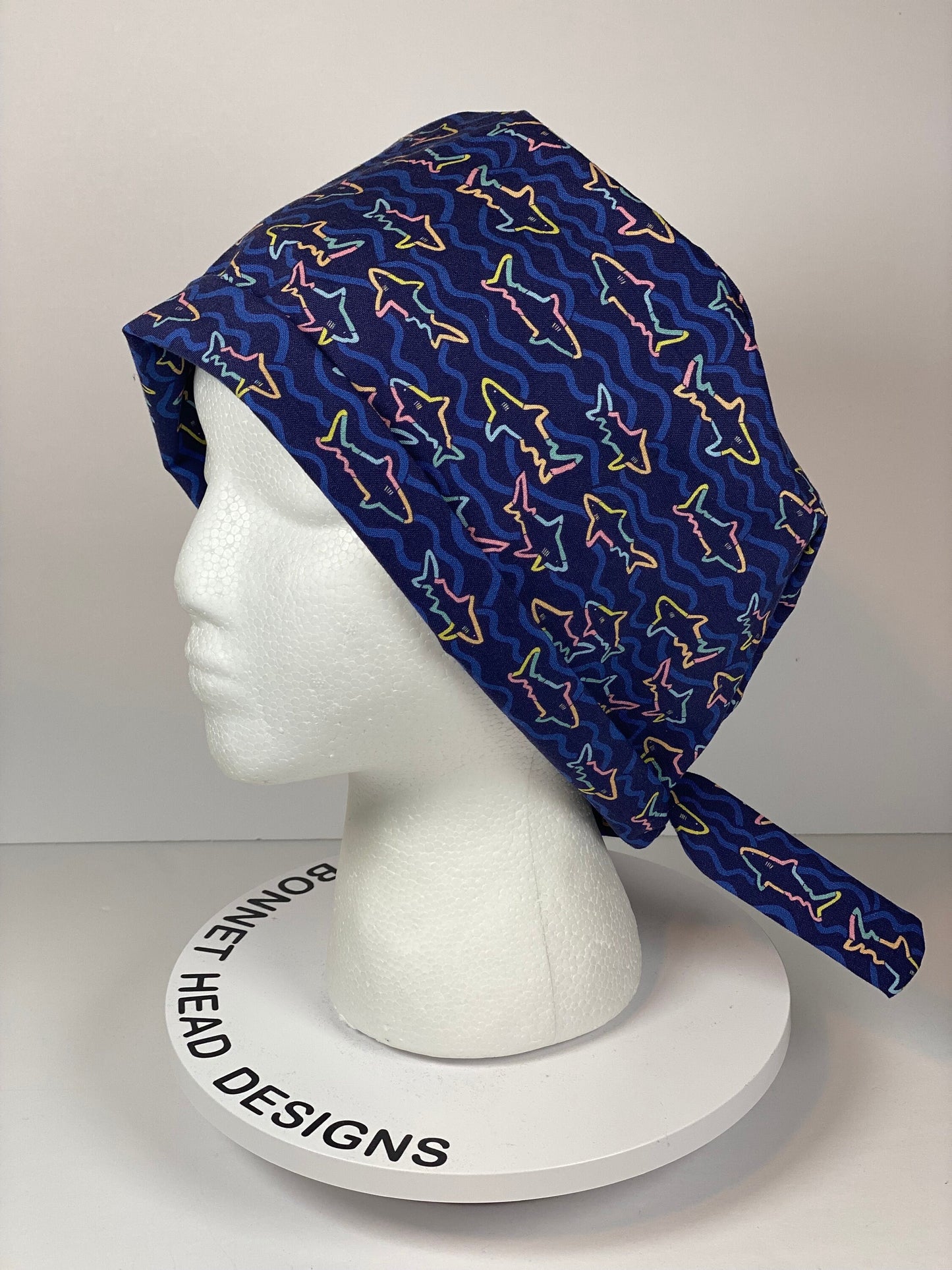 Navy shark print tie back scrub hat, pixie style scrub cap with sharks