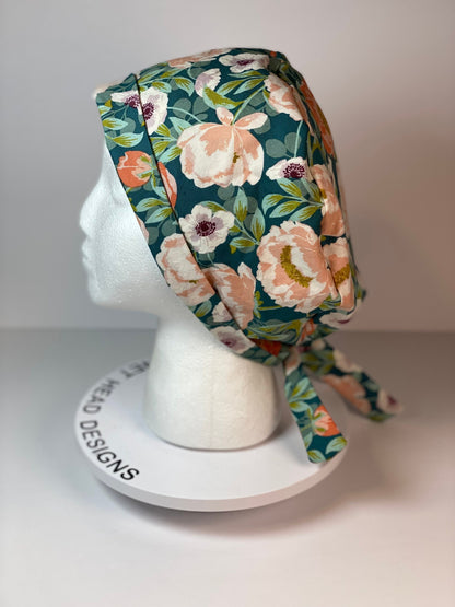 Peach and mint floral tie back pixie scrub cap, women’s summer floral scrub hat, Bonnet Head Designs