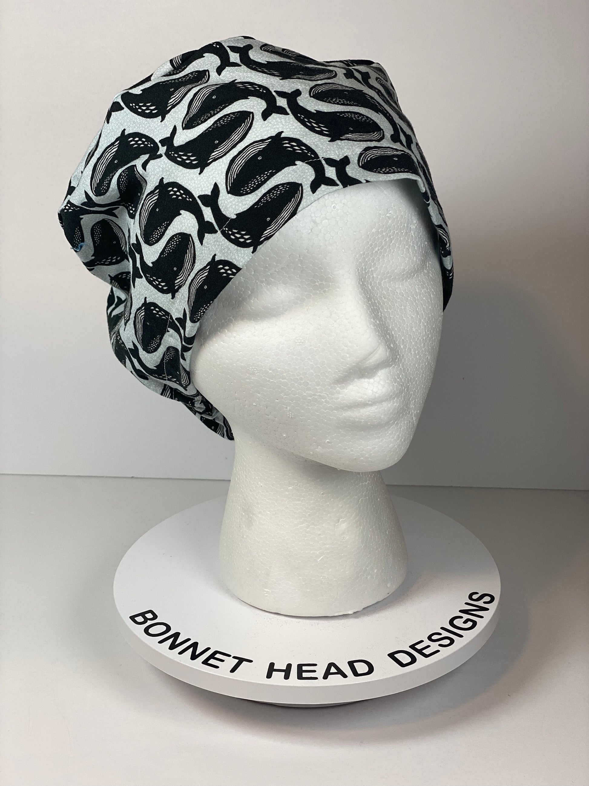 Black and white whale euro scrub cap