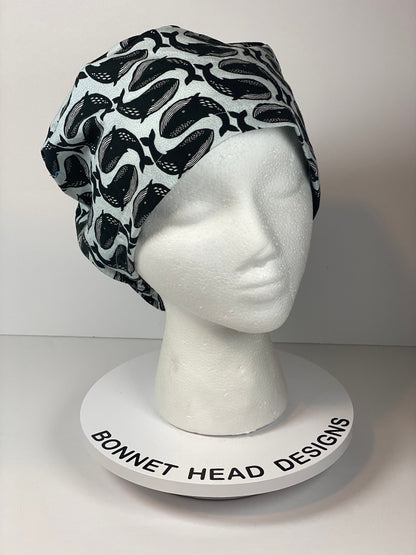 Black and white whale euro scrub cap