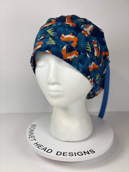 Fox print womens ponytail scrub cap, forest friends scrub cap, Bonnet Head Designs