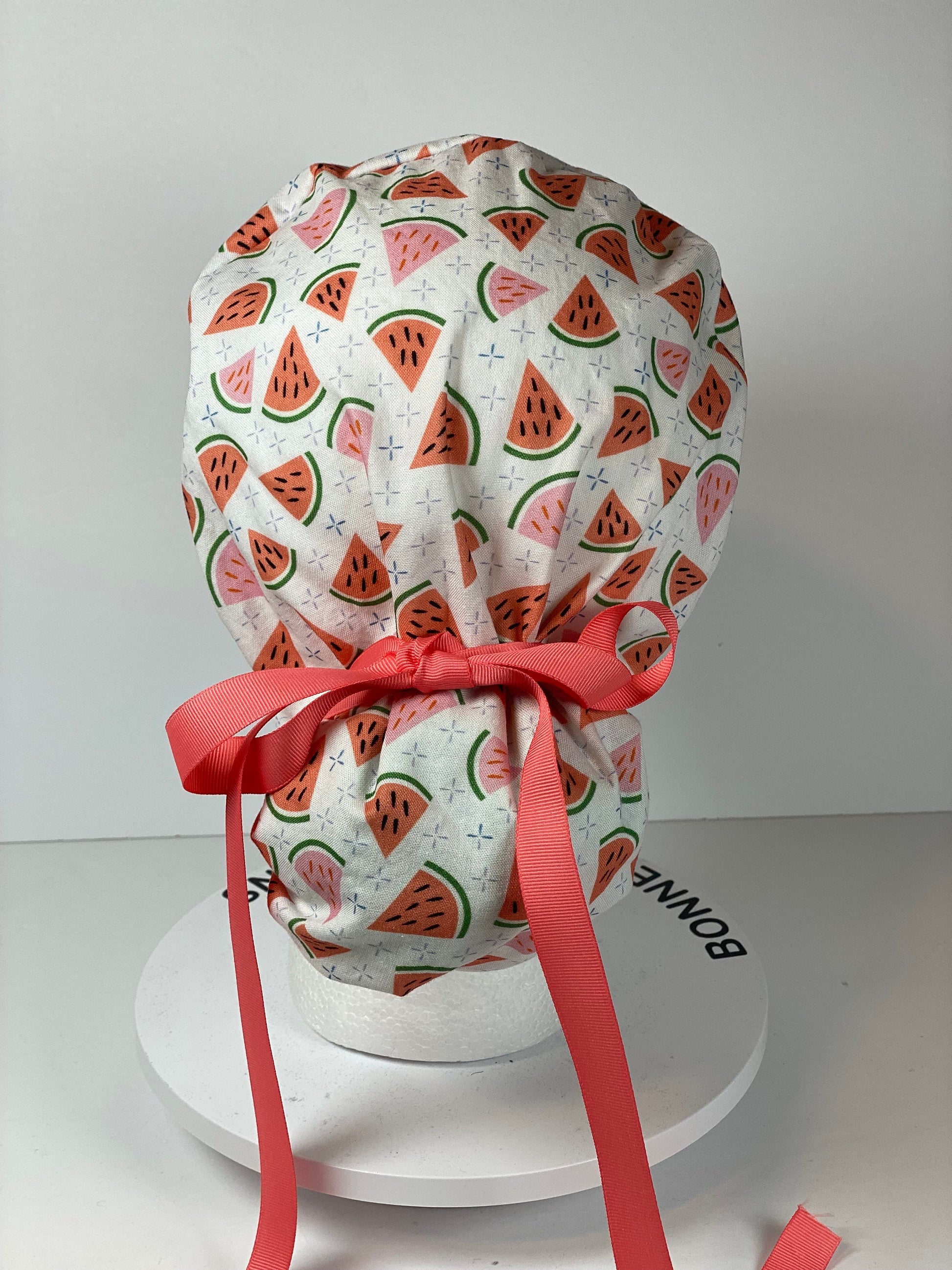 Watermelon print women’s scrub cap, watermelon scrub hat, Bonnet Head Designs