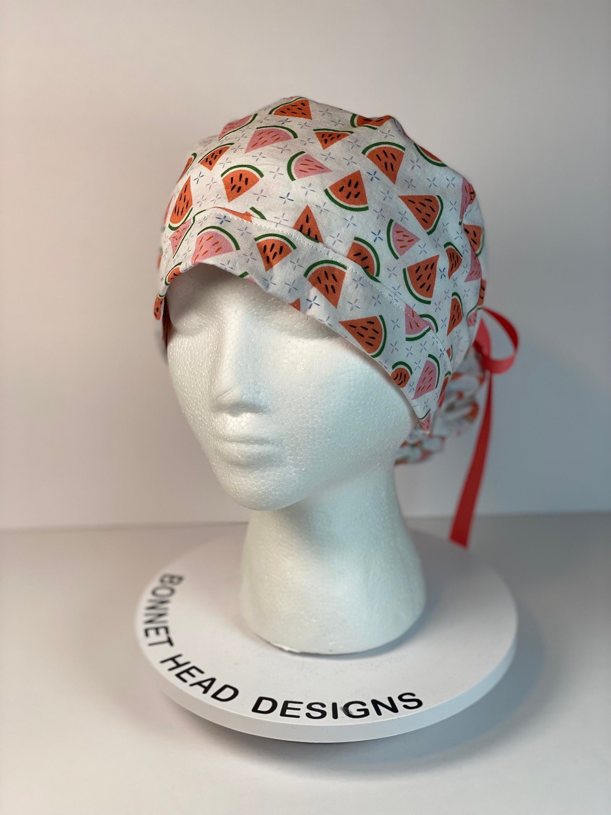 Watermelon print women’s scrub cap, watermelon scrub hat, Bonnet Head Designs