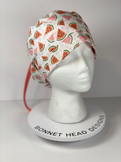 Watermelon print women’s scrub cap, watermelon scrub hat, Bonnet Head Designs