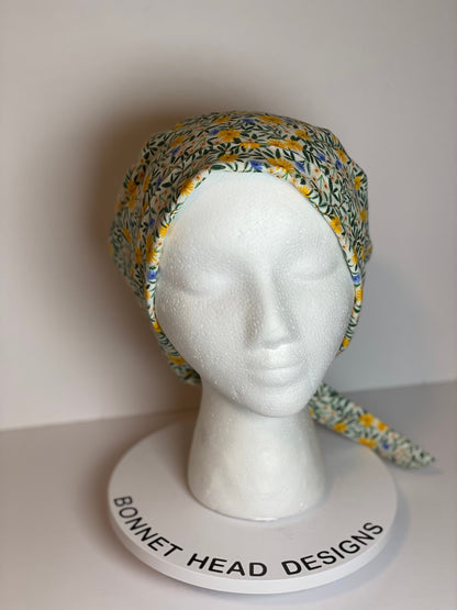 Daisy fields tie back pixie scrub cap, yellow floral scrub hat