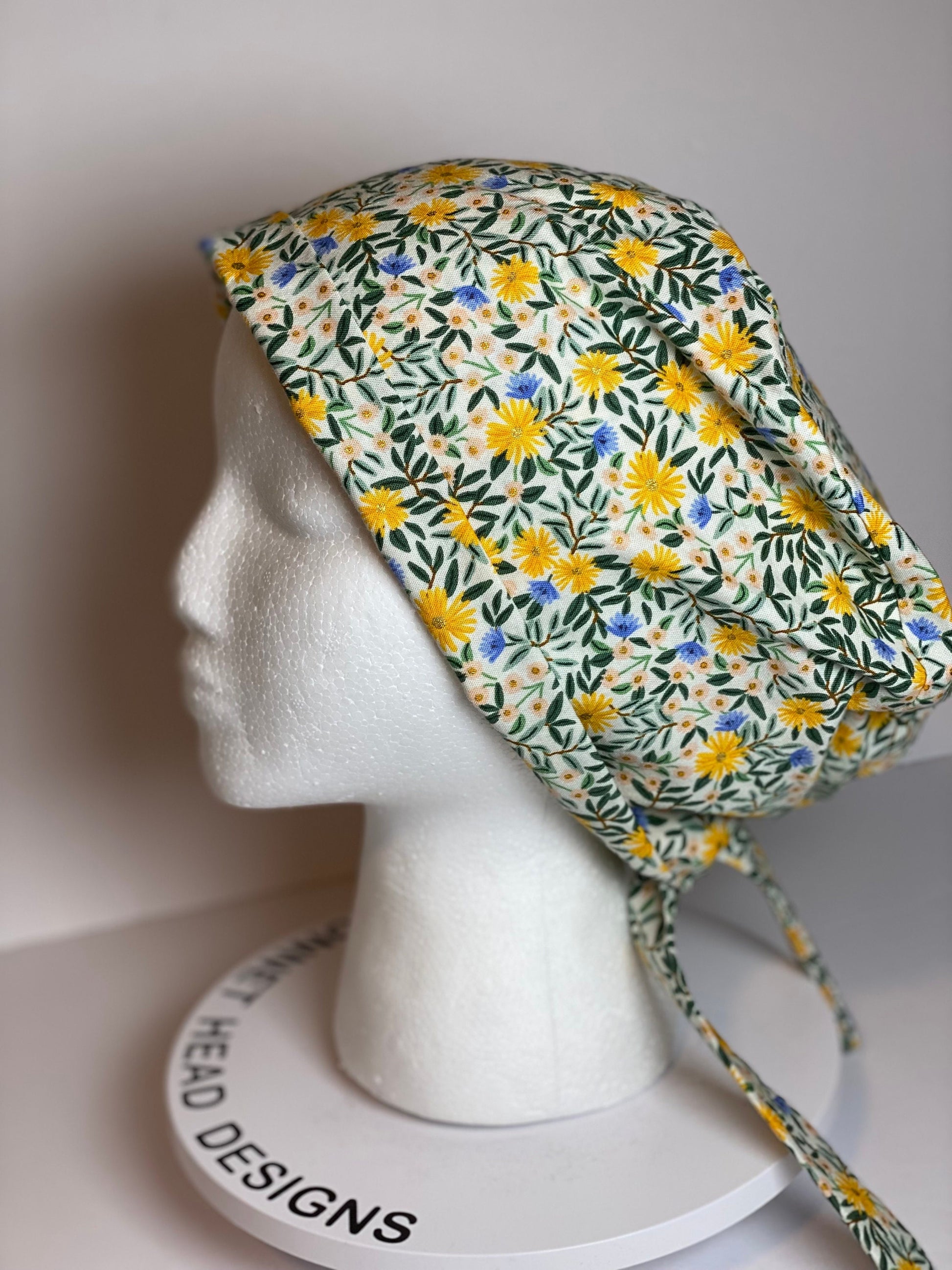 Daisy fields tie back pixie scrub cap, yellow floral scrub hat