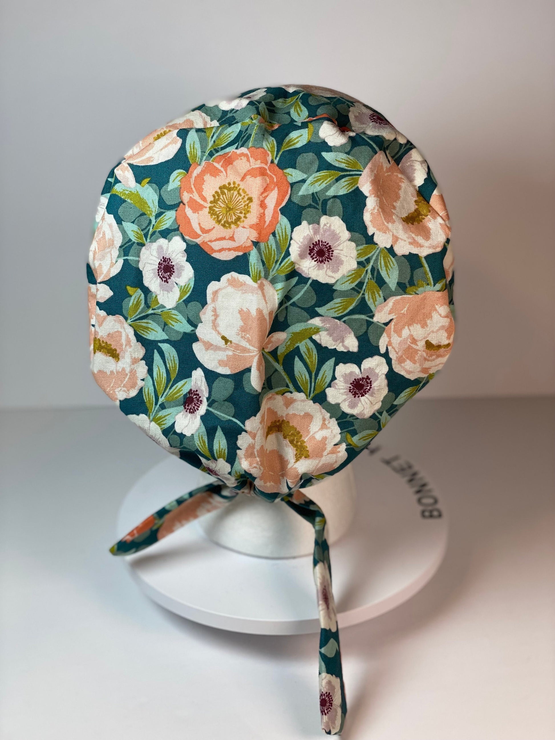 Peach and mint floral tie back pixie scrub cap, women’s summer floral scrub hat, Bonnet Head Designs