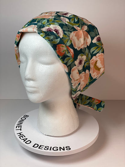 Peach and mint floral tie back pixie scrub cap, women’s summer floral scrub hat, Bonnet Head Designs