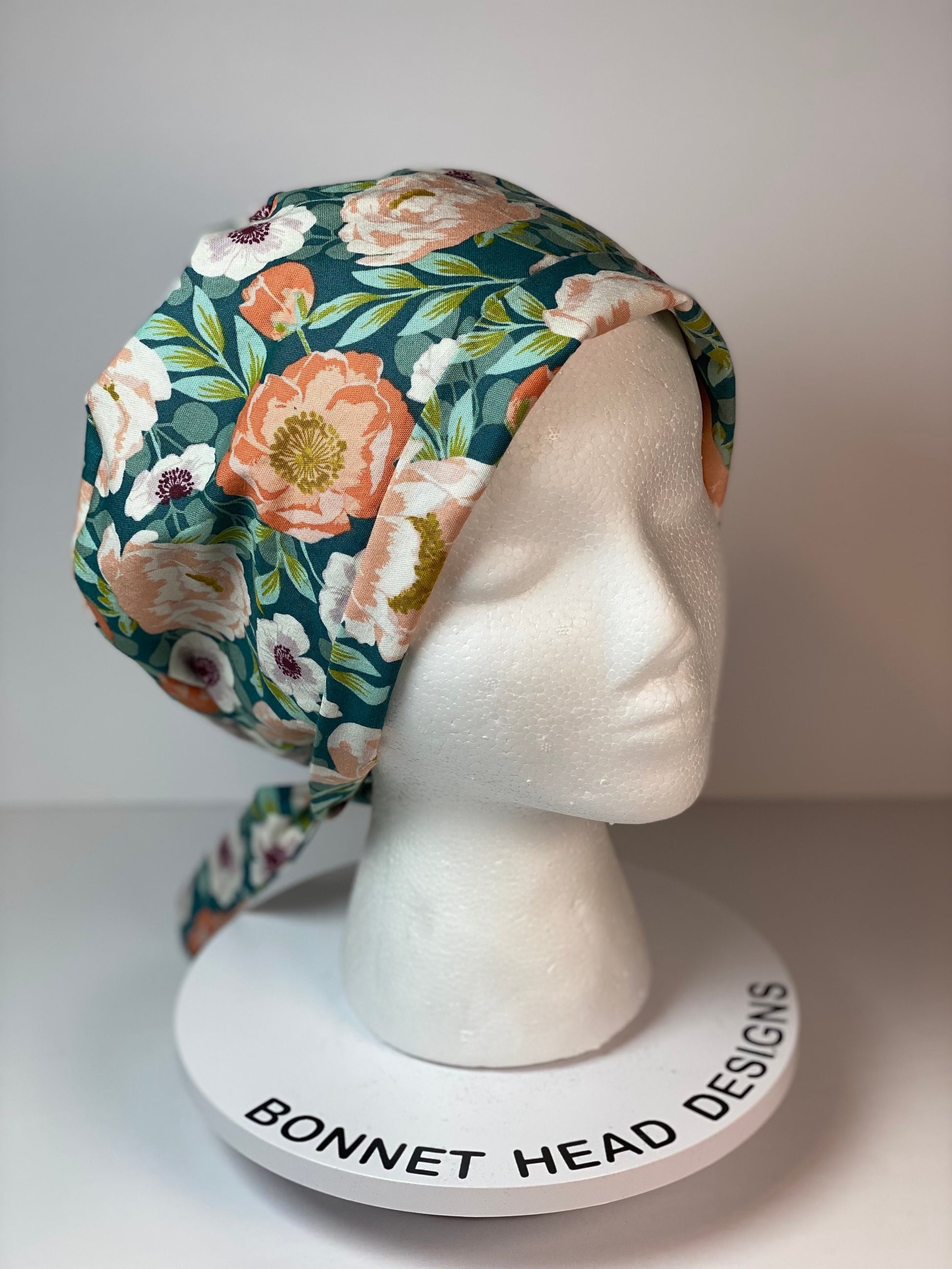 Peach and mint floral tie back pixie scrub cap, women’s summer floral scrub hat, Bonnet Head Designs