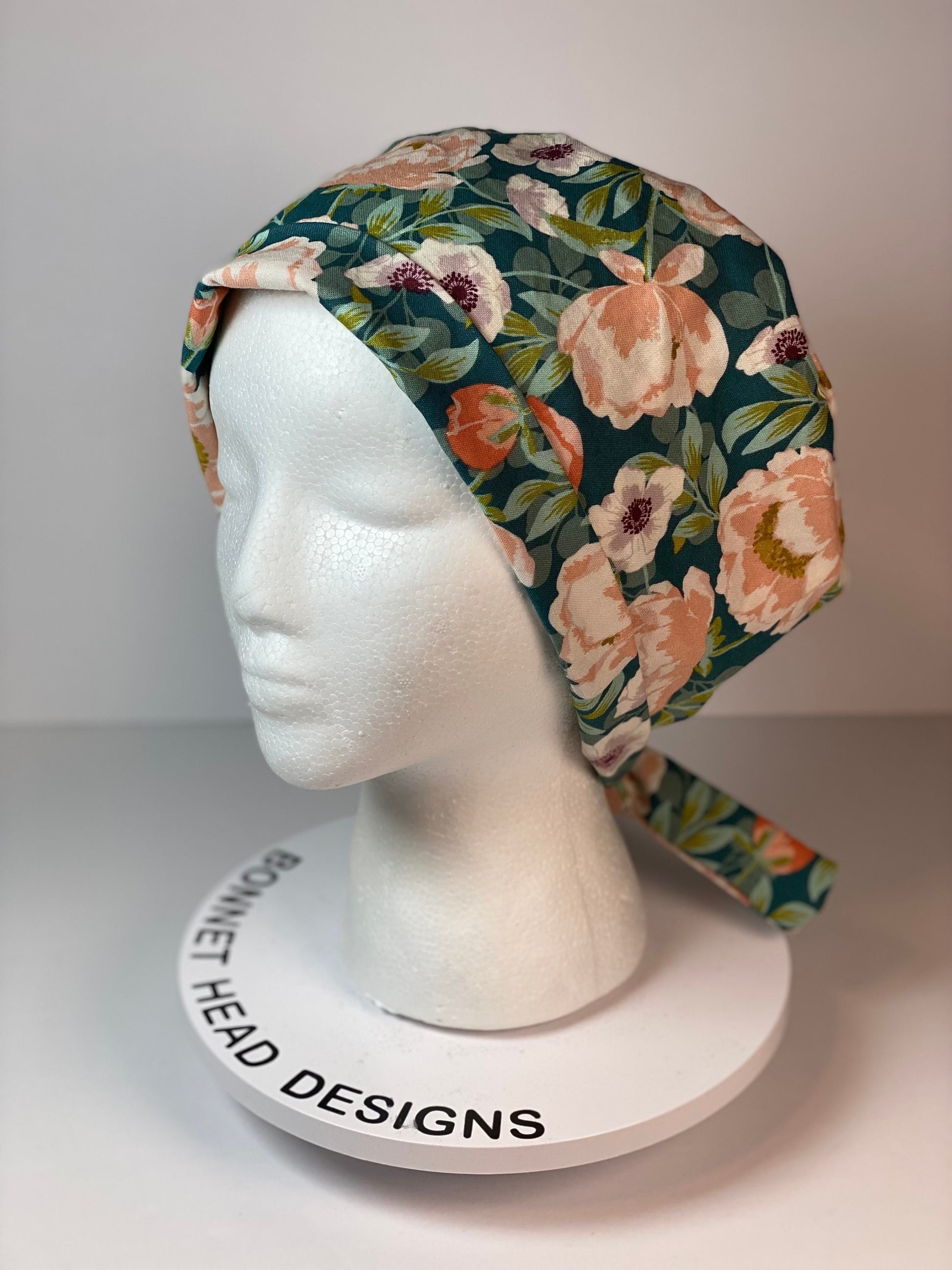 Peach and mint floral tie back pixie scrub cap, women’s summer floral scrub hat, Bonnet Head Designs