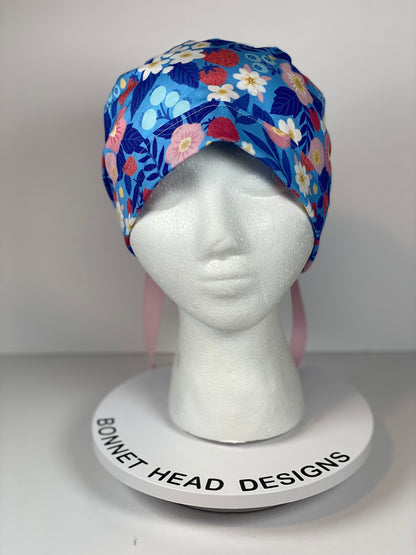 summer strawberry print ponytail scrub cap, summer berries scrub hat