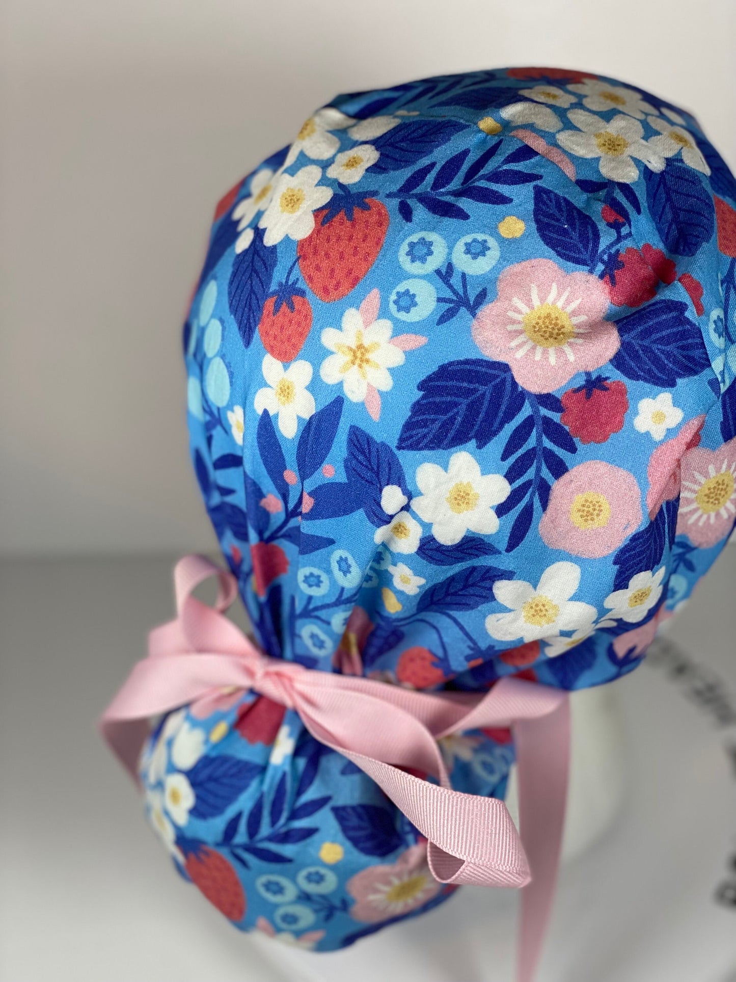 summer strawberry print ponytail scrub cap, summer berries scrub hat