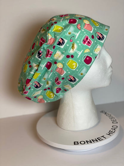 Mixed drinks and cocktails euro style scrub hat, happy hour scrub hat, Bonnet Head Designs