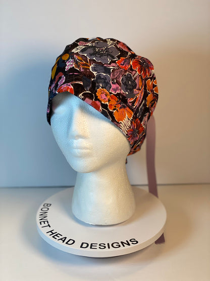 Eerie Halloween black floral ponytail scrub hat, Bonnet Head Designs