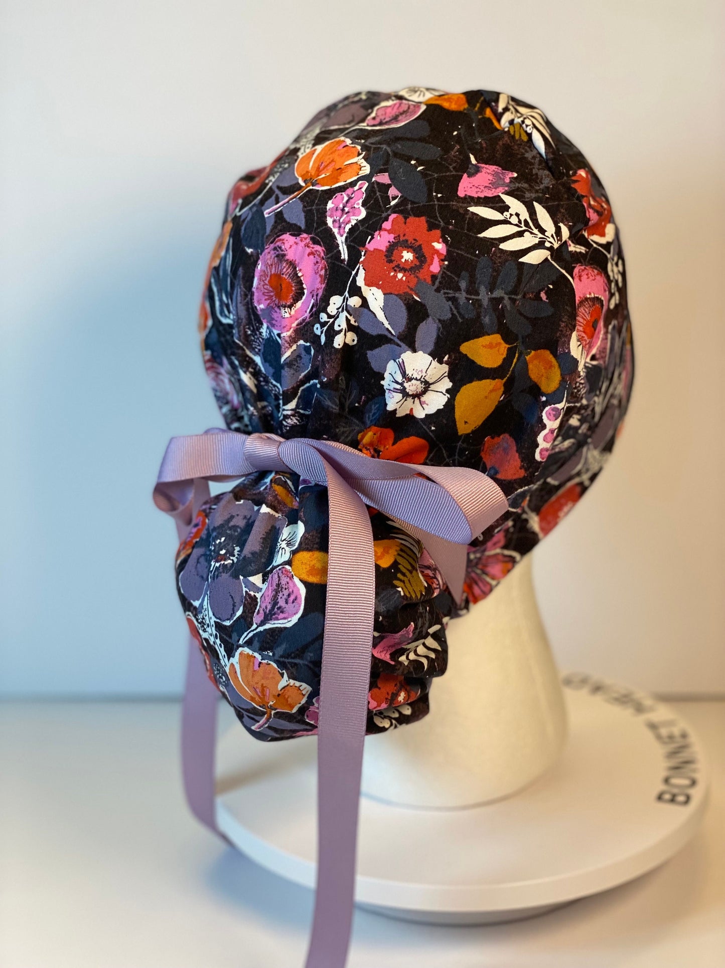 Eerie Halloween black floral ponytail scrub hat, Bonnet Head Designs