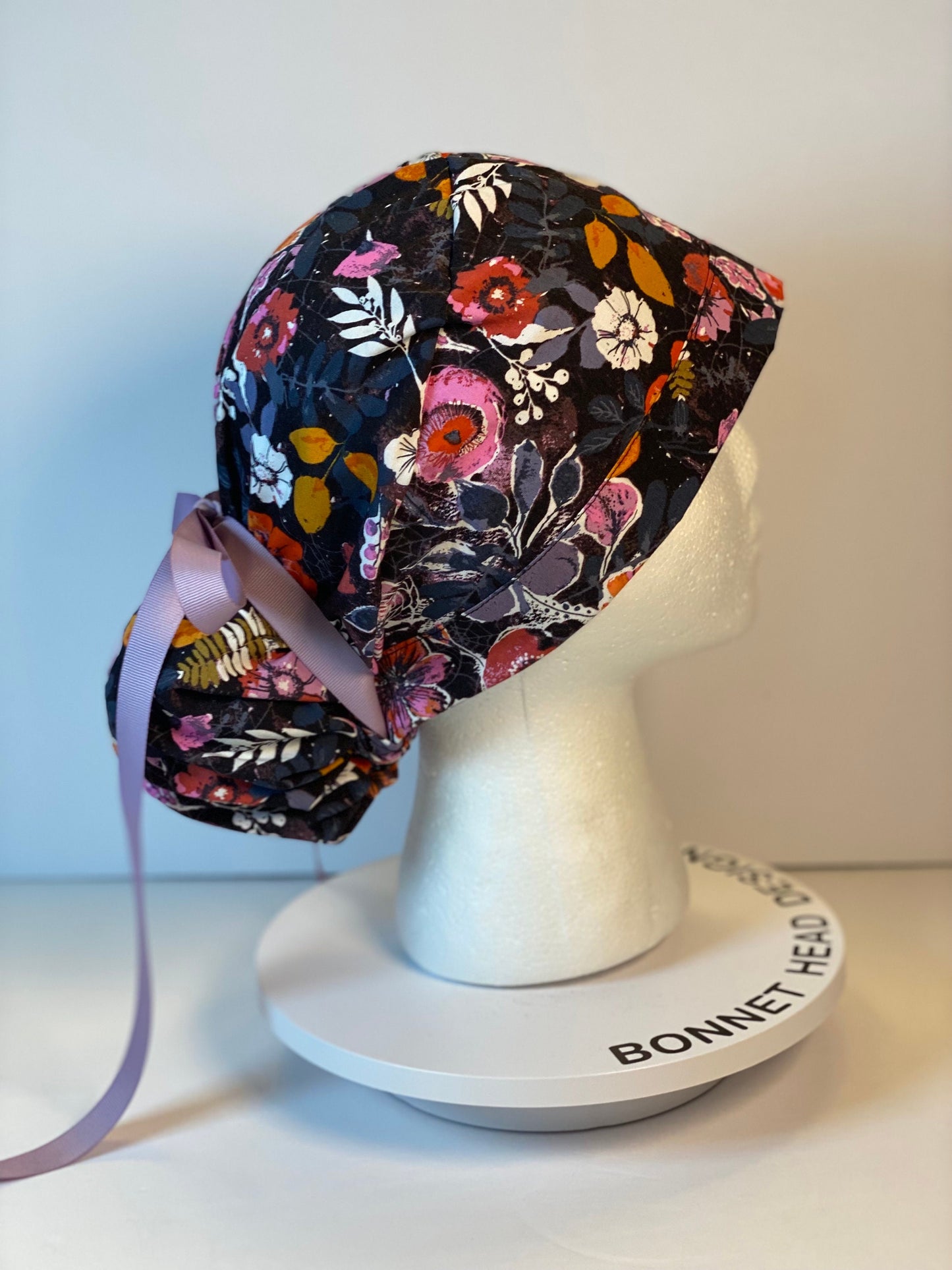 Eerie Halloween black floral ponytail scrub hat, Bonnet Head Designs