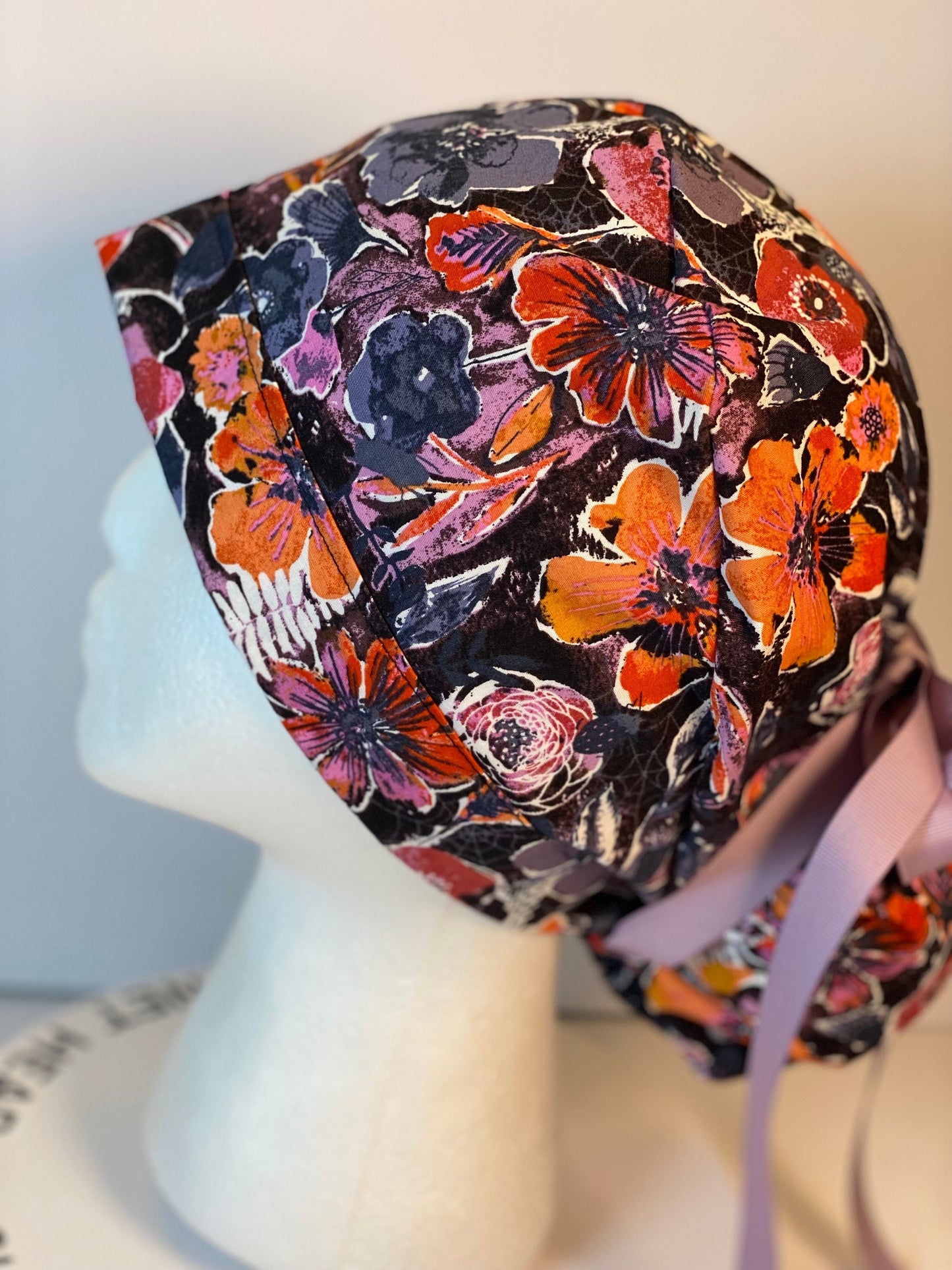 Eerie Halloween black floral ponytail scrub hat, Bonnet Head Designs