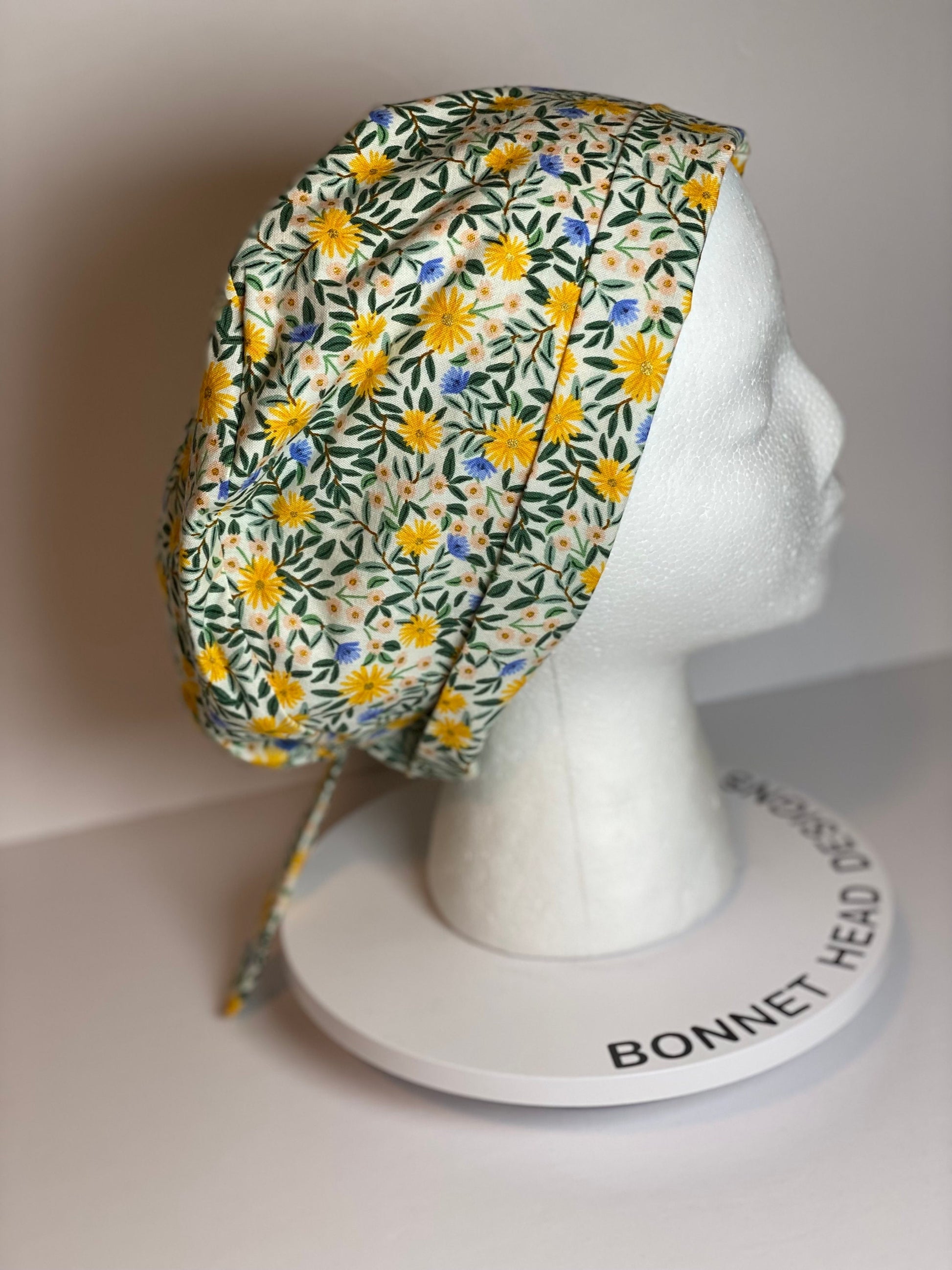 Daisy fields tie back pixie scrub cap, yellow floral scrub hat