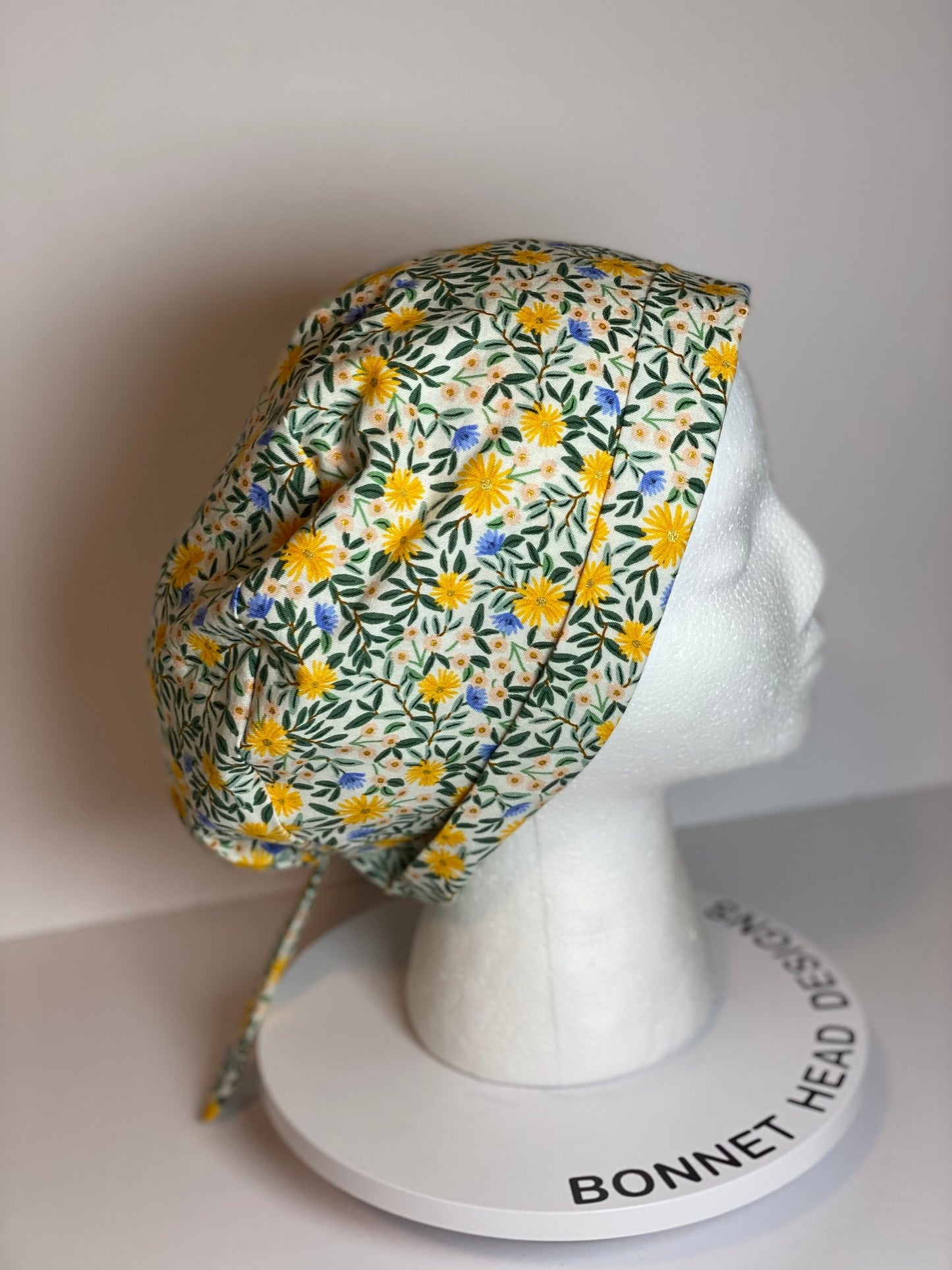 Daisy fields tie back pixie scrub cap, yellow floral scrub hat