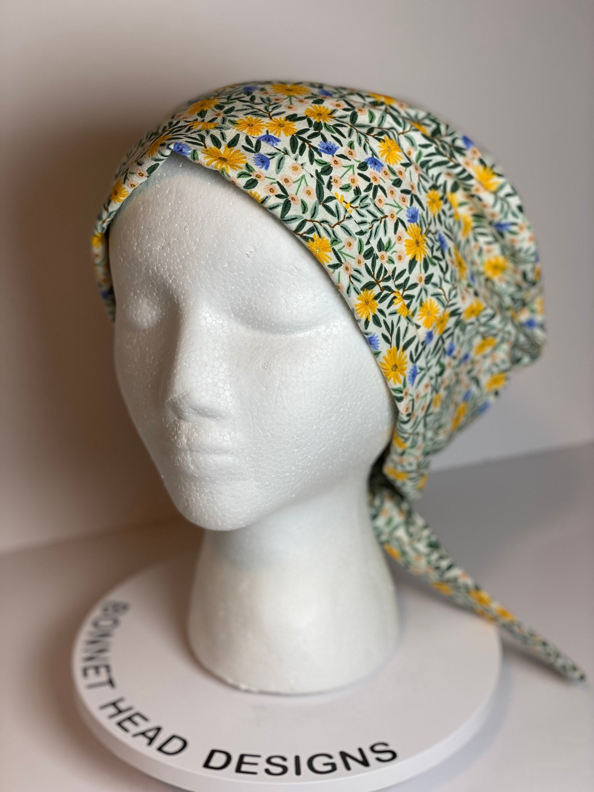 Daisy fields tie back pixie scrub cap, yellow floral scrub hat