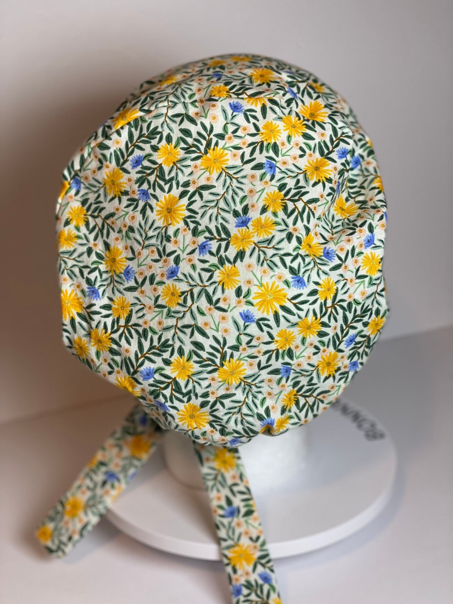 Daisy fields tie back pixie scrub cap, yellow floral scrub hat