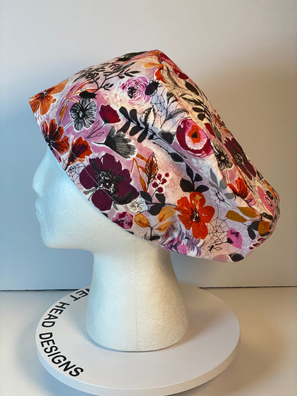 Pink Halloween floral euro scrub hat, women’s eerie Halloween floral euro style scrub cap