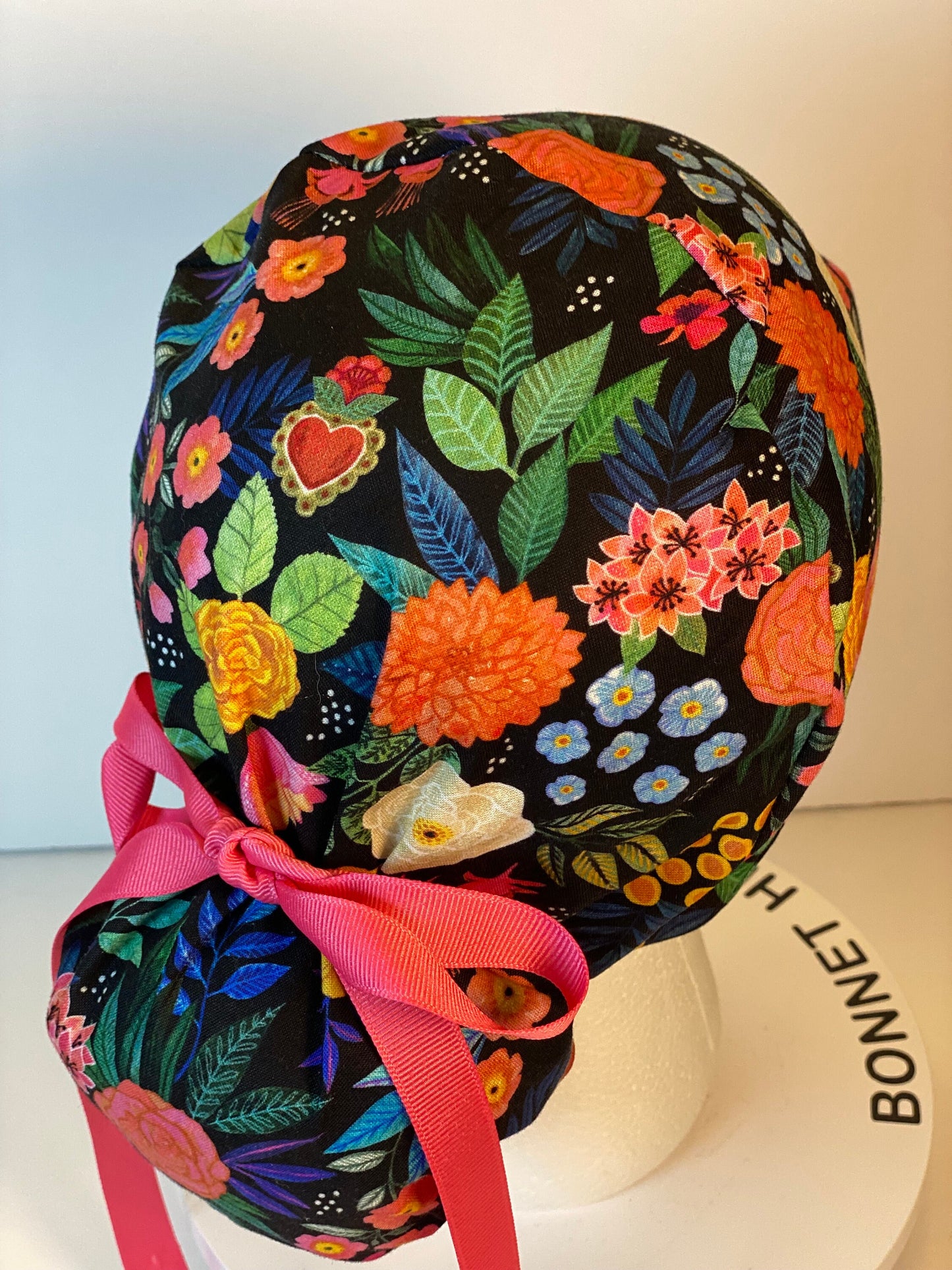 Women’s tropical summer floral scrub hat with satin lining option