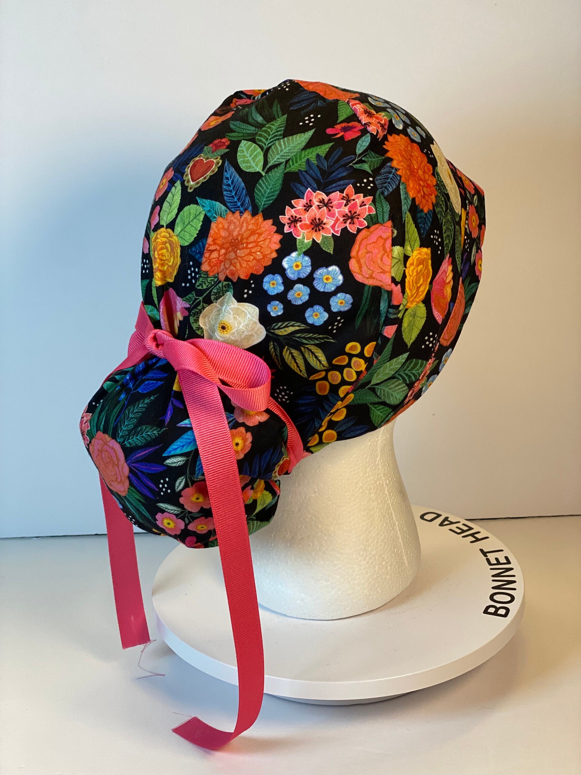 Women’s tropical summer floral scrub hat with satin lining option