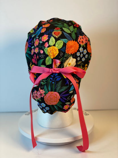 Women’s tropical summer floral scrub hat with satin lining option