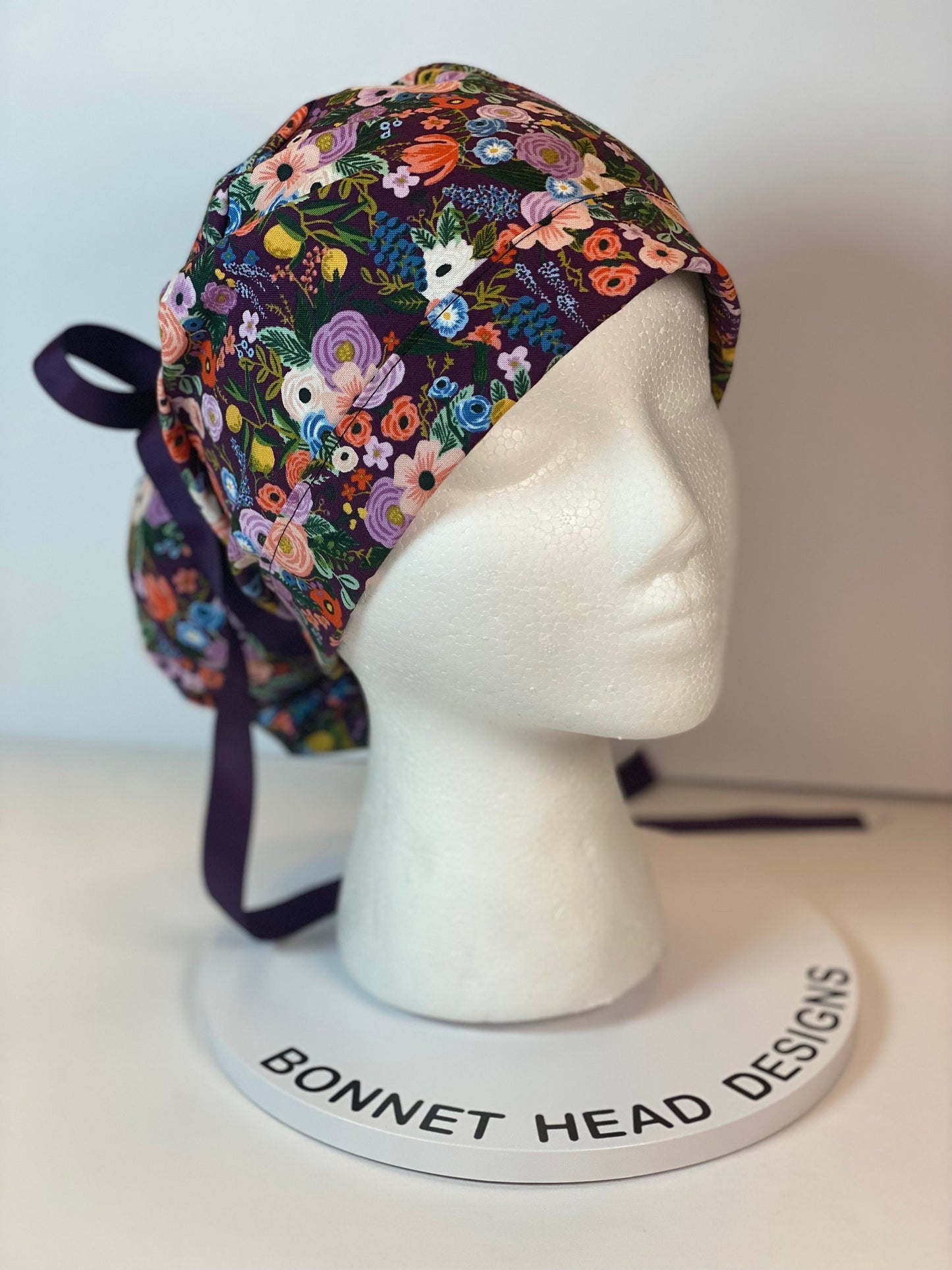 Rifle Paper Co Orchard fabric petite garden party in burgundy scrub cap, purple floral garden party scrub hat