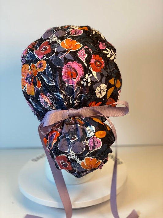 Eerie Halloween black floral ponytail scrub hat, Bonnet Head Designs