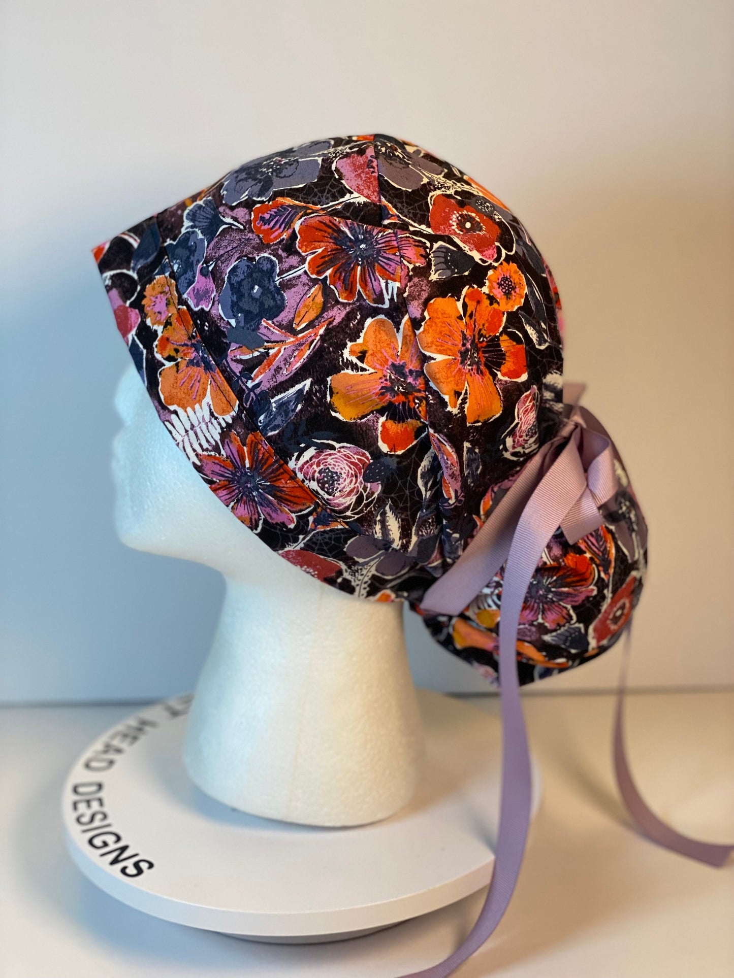 Eerie Halloween black floral ponytail scrub hat, Bonnet Head Designs