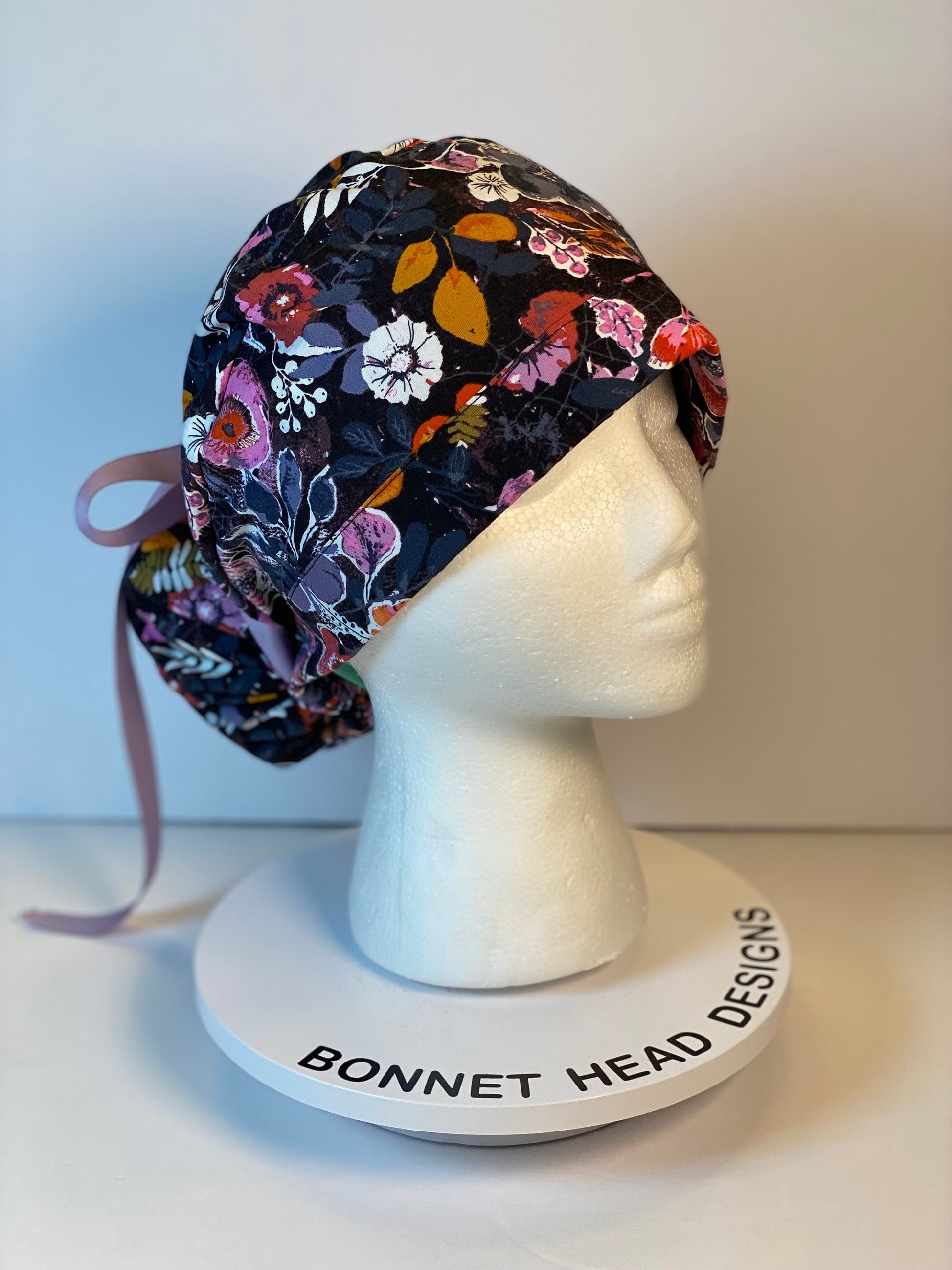 Eerie Halloween black floral ponytail scrub hat, Bonnet Head Designs