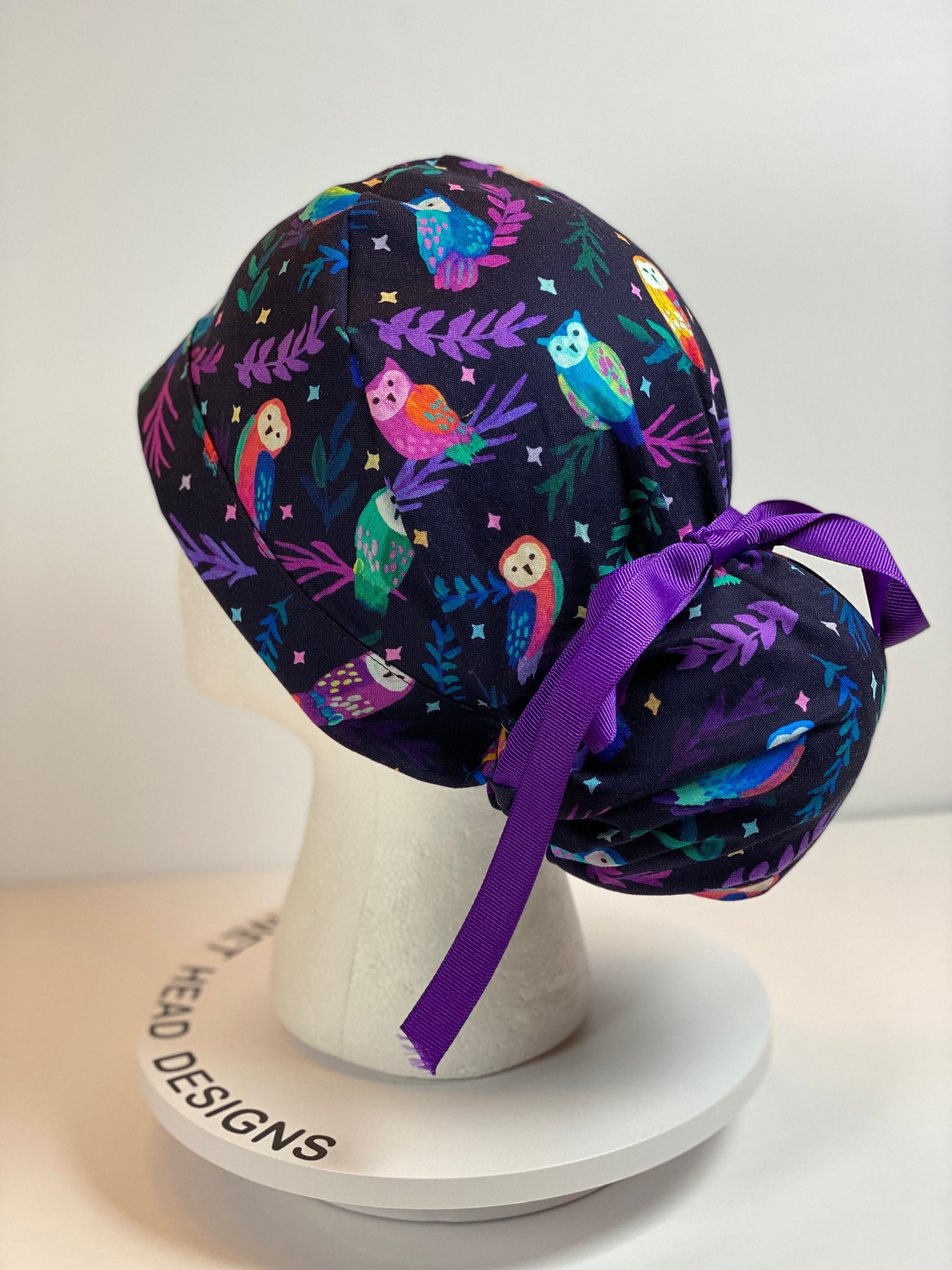 Black owl scrub cap, owl print scrub hat in jewel tones, Bonnet Head Designs