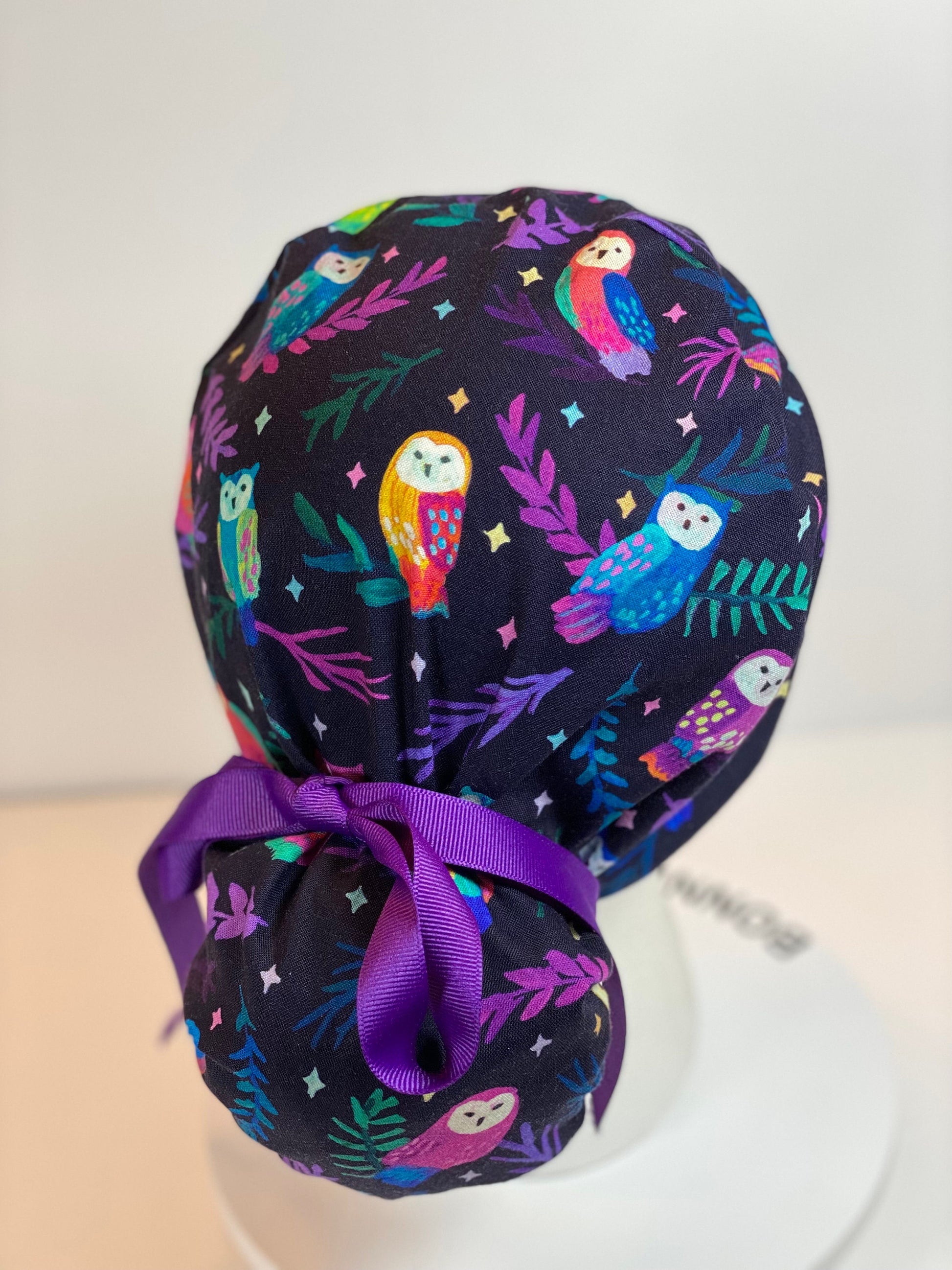 Black owl scrub cap, owl print scrub hat in jewel tones, Bonnet Head Designs