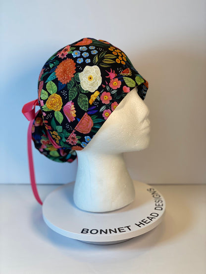 Women’s tropical summer floral scrub hat with satin lining option