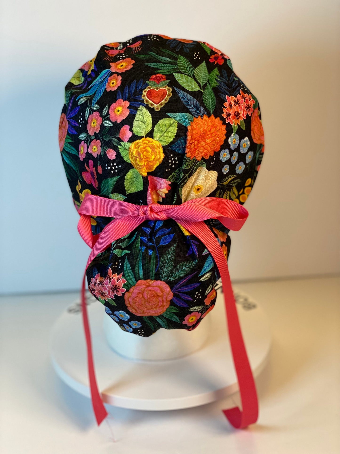 Women’s tropical summer floral scrub hat with satin lining option