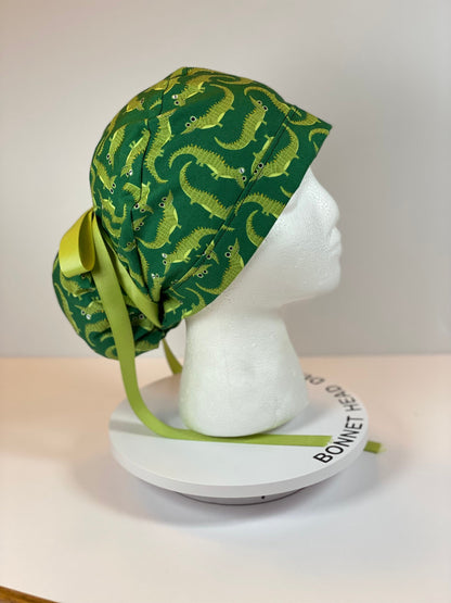 See ya later alligator women's ponytail scrub cap, green alligator scrub hat, Bonnet Head Designs