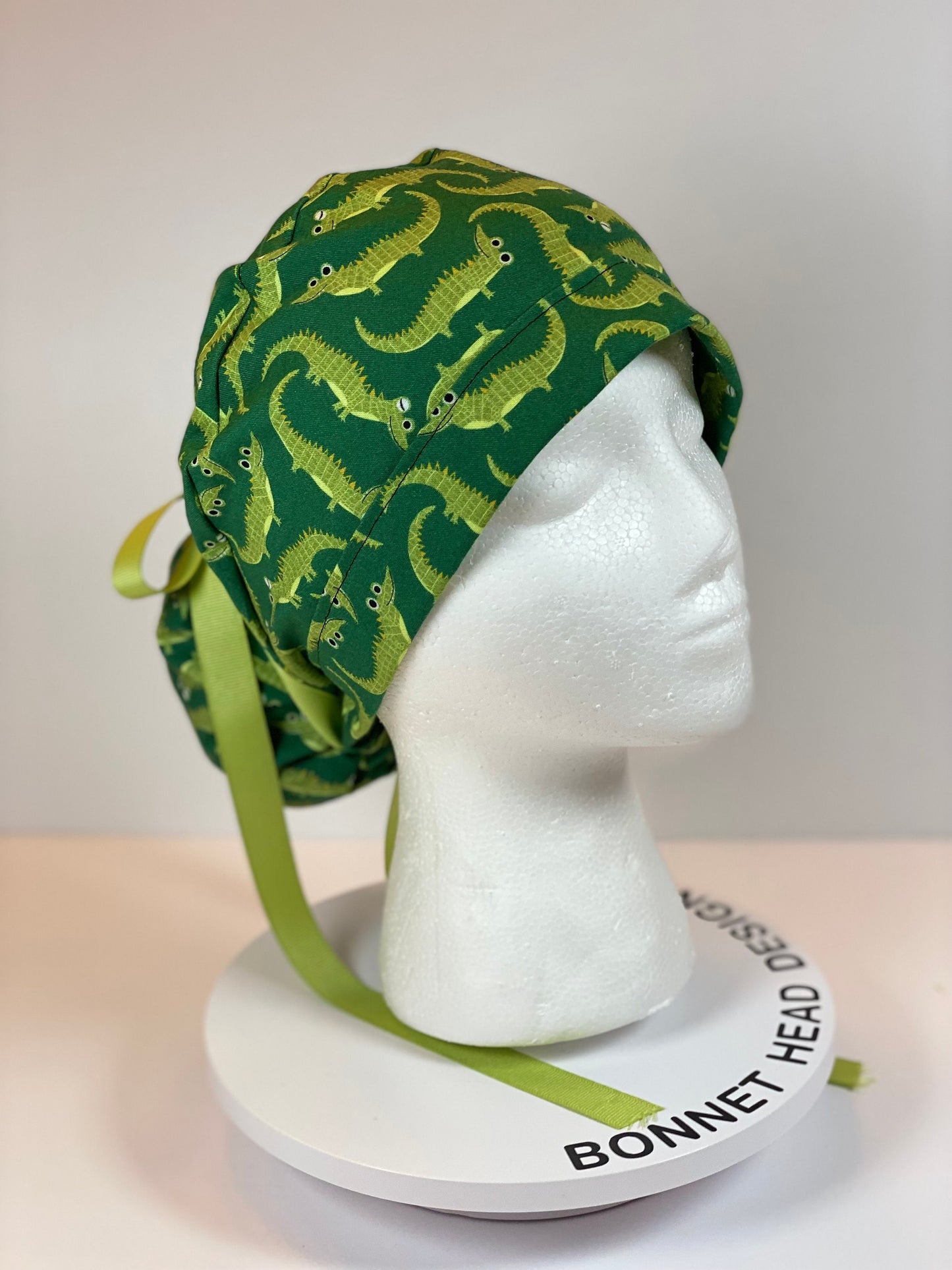 See ya later alligator women's ponytail scrub cap, green alligator scrub hat, Bonnet Head Designs