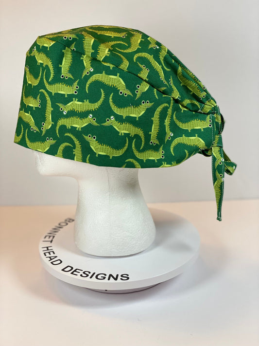 Men’s green alligator scrub cap, unisex alligator print scrub hat, surgeon style scrub cap, Bonnet Head Designs