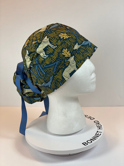 Wolf print womens ponytail scrub cap, coyote night scrub cap, Bonnet Head Designs