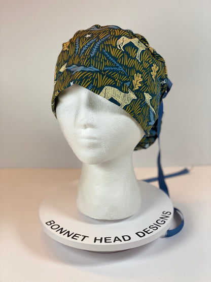 Wolf print womens ponytail scrub cap, coyote night scrub cap, Bonnet Head Designs