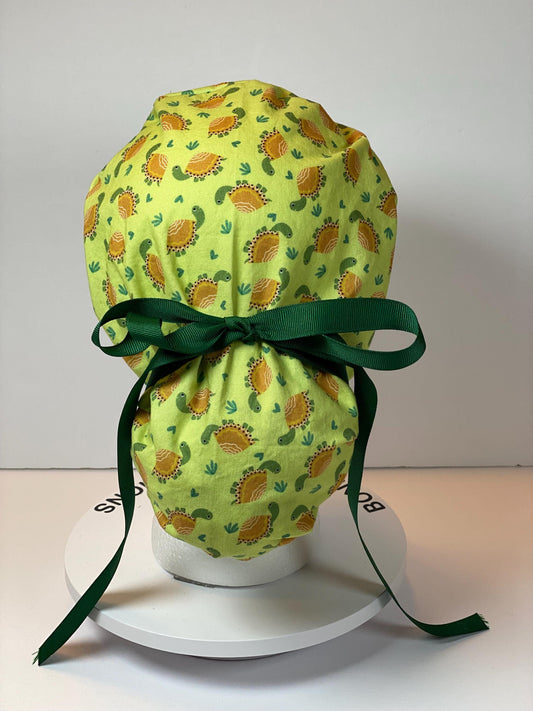 Green tortoise women’s scrub cap, green turtles ponytail scrub hat