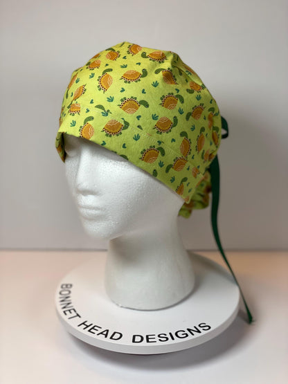 Green tortoise women’s scrub cap, green turtles ponytail scrub hat