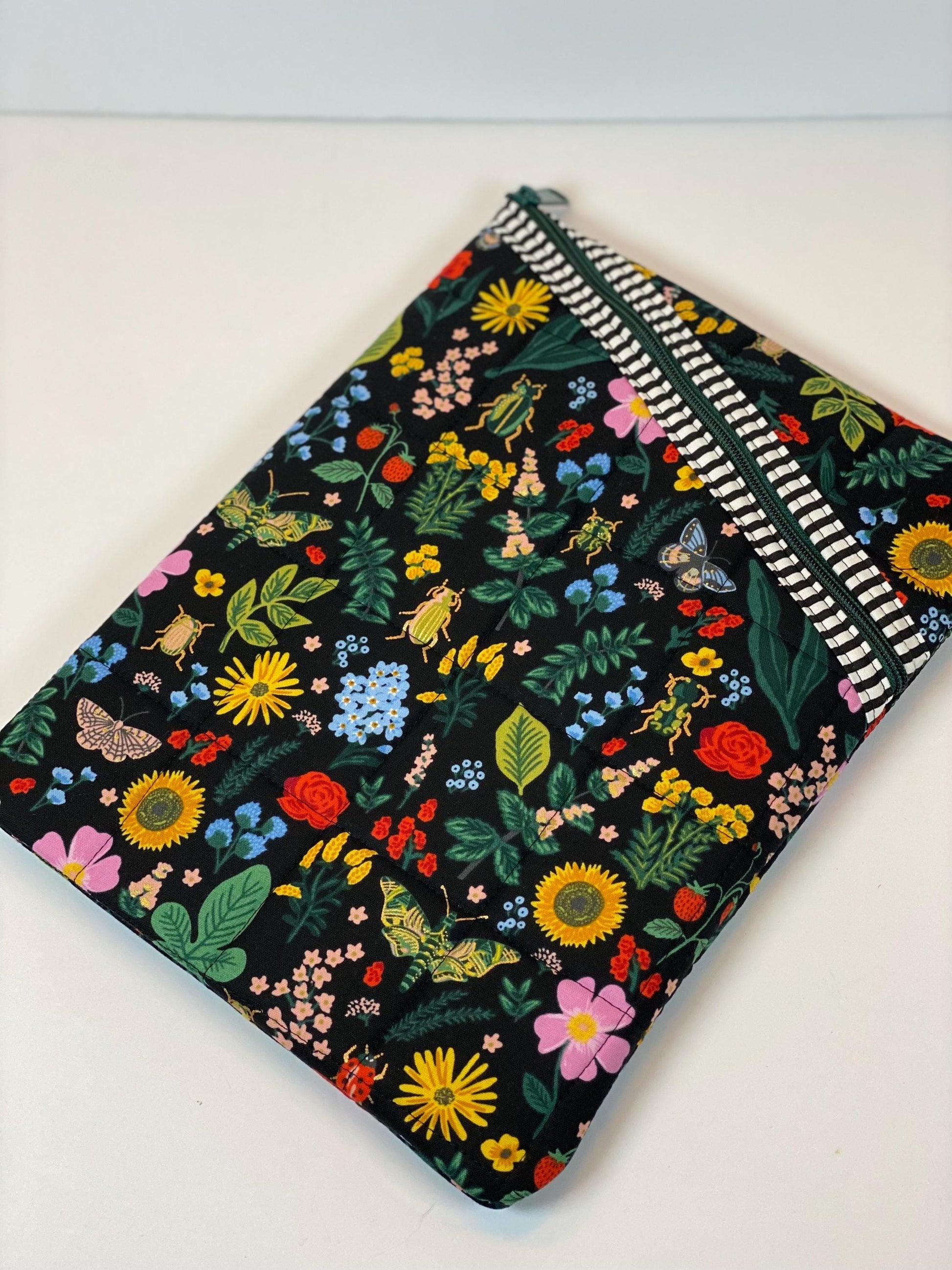 Rifle Paper Co Curio fabric soft tablet case with zipper, black floral quilted padded book sleeve